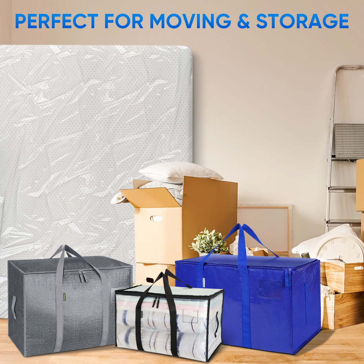 TICONN 2PK Plastic Mattress Bag for Moving Storage, Waterproof Mattress Protector Cover, Heavy-Duty Mattress Moving Supplies (1.5 mil, Queen) TICONN