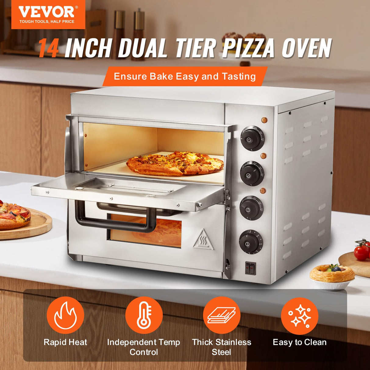 VEVOR Commercial Pizza Oven Countertop, 14" Double Deck Layer, Stainless Steel Electric Pizza Oven with Stone and Handle, Multipurpose Indoor Pizza Maker for Restaurant Home Pretzels Baked VEVOR