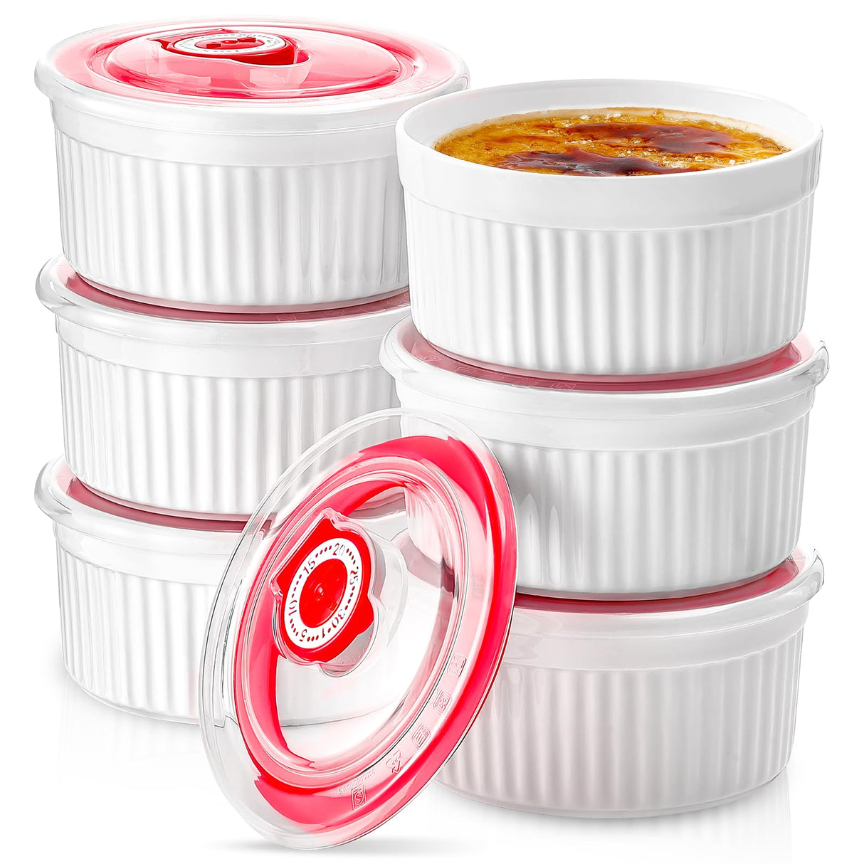 Mfacoy Ramekins with Lids Set of 6, 8 oz Porcelain Creme Brulee Souffle Ramekins with Covers, White Pudding Custard Cups Ramiken for Baking, Small Bowls for Sauces Dessert, Dishwasher and Oven Safe Mfacoy