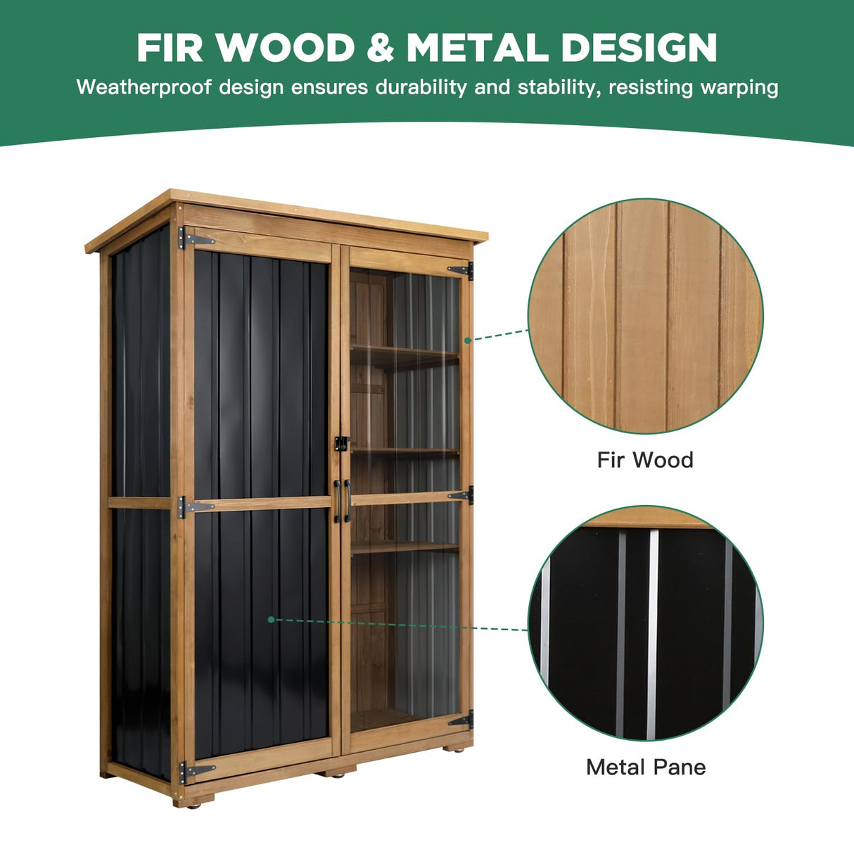 Ketive Outdoor Storage Cabinet Wood & Metal, Storage Shed Waterproof Double Lock for Anti-Theft Removable Shelves Adjustable Feet Wooden Floor for Patio, Garden, Lawn Pool Storage, 46" X 18" X 68" ketive