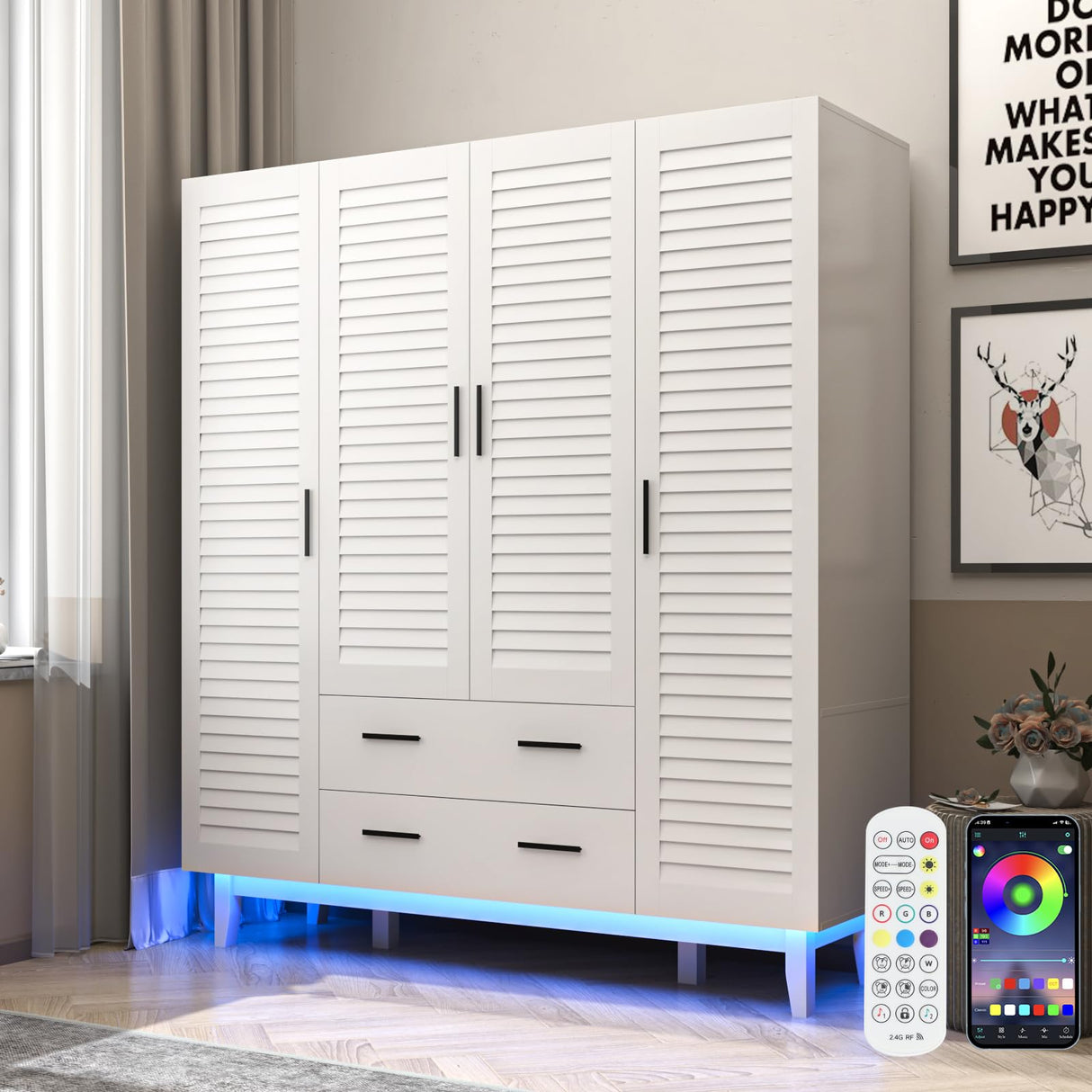 jiteentarou 4 Door Armoire Wardrobe Closet Cabinet with Drawers and LED Lights, Multi-Tier Shelves, Hanging Rod & 4 Louver Doors, Large Capacity Storage Wardrobe Armoire for Bedroom(4 Doors White) jiteentarou