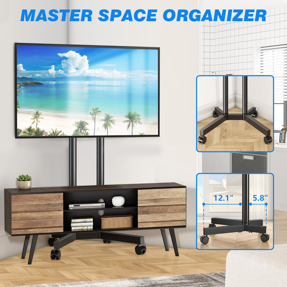 Rfiver Rolling TV Stand for 32-70 Inch TVs, Mobile TV Stand with Upgraded Wheels up to 88lbs, Height Adjustable Mobile TV Cart on Wheel, Portable TV Stand for Bedroom, Living Room, Home, Office Rfiver