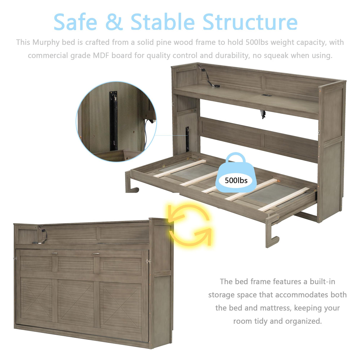 Polibi Twin XL Size Horizontal Murphy Bed with Desk,LED Light and USB Charging Station,Murphy Cabinet Bed for Living Room,Guest Room,Gray Wash Polibi