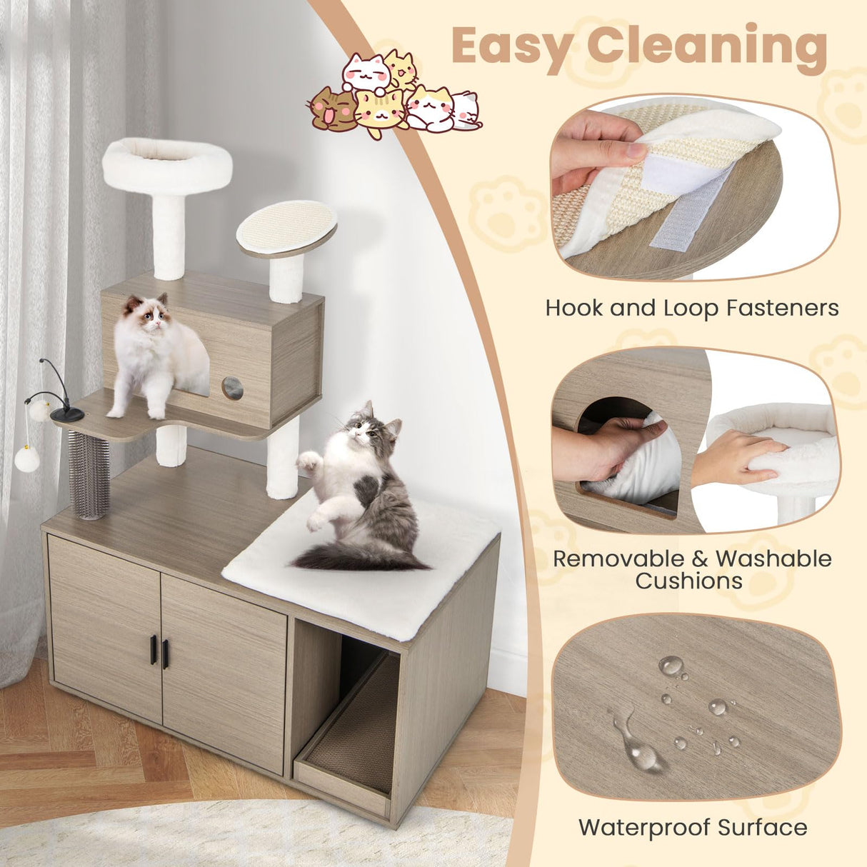 Tangkula Cat Tree with Litter Box Enclosure, Cat Tower with Litter Box, Cat Condo, Scratching Board, Soft Plush Perch, Dangling Balls, Groomer, Modern Hidden Litter Box Furniture for Indoor Cats Tangkula