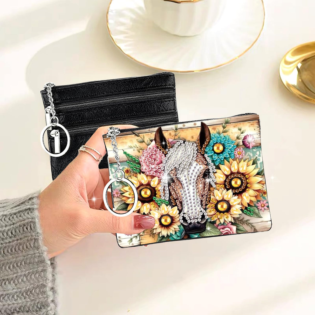 JZHYOAN DIY Diamond Art Purses and Wallets Handbags Wallet Keychain Coin Pouch Coin Purse with Zipper and Keyring Diamond Painting Small Coin Purse for Women Cards Keys Horse JZHYOAN