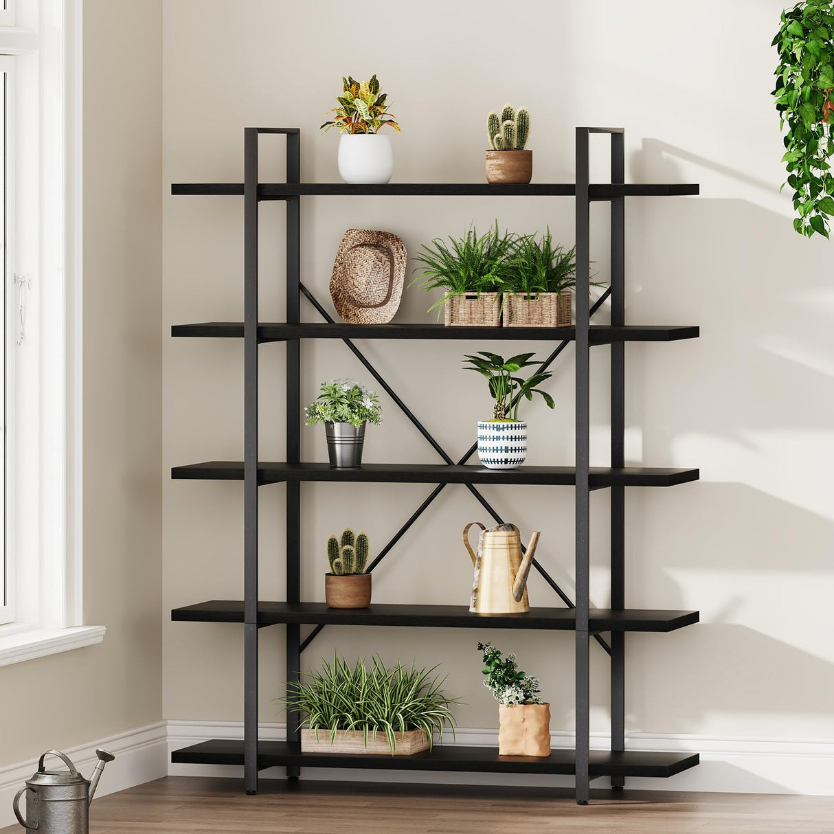 HSH 5 Tier Tall Black Bookshelf, Wood and Metal Storage Book Rack, Industrial Modern Etagere 5 Shelf Bookcase, Large Wide Open Display Book Shelf for Bedroom Living Room Office, Bookshelves Heavy Duty HSH