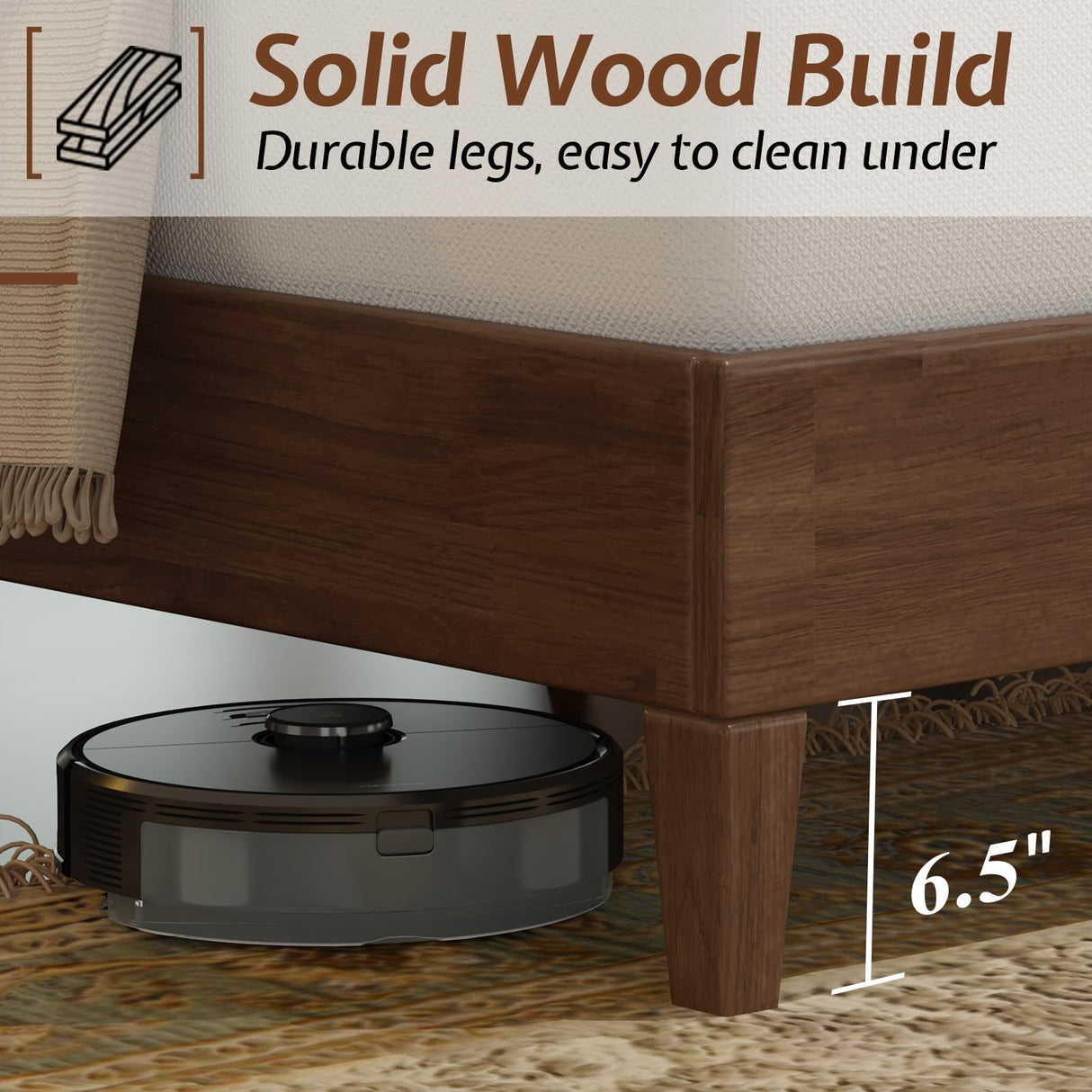 Jocisland Wood Queen Size Bed Frame,Tall Upholstered Tufted Headboard, Solid Wood Platform, No Box Spring Needed, Walnut Jocisland