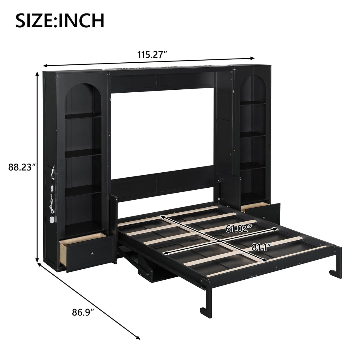 LUMISOL Queen Size Murphy Bed, Murphy Bed Cabinet with Storage Shelves, Cabinets, Drawers and LED Lights, Folding Wall Bed Frame for Guestroom, Apartment, Small Space, Black LUMISOL