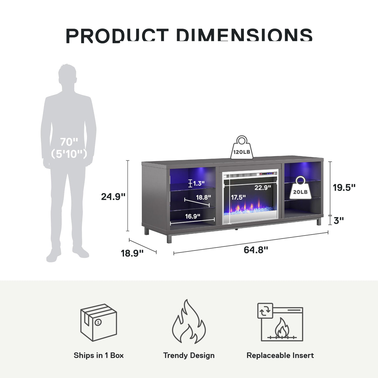 Ameriwood Home Lumina Fireplace TV Stand for TVs up to 70 Inch, Replaceable Electric Fireplace Insert Heater, Remote Control, Timer, Color Changing LED Lights, Crystal Ember Flames, Graphite Gray Ameriwood Home