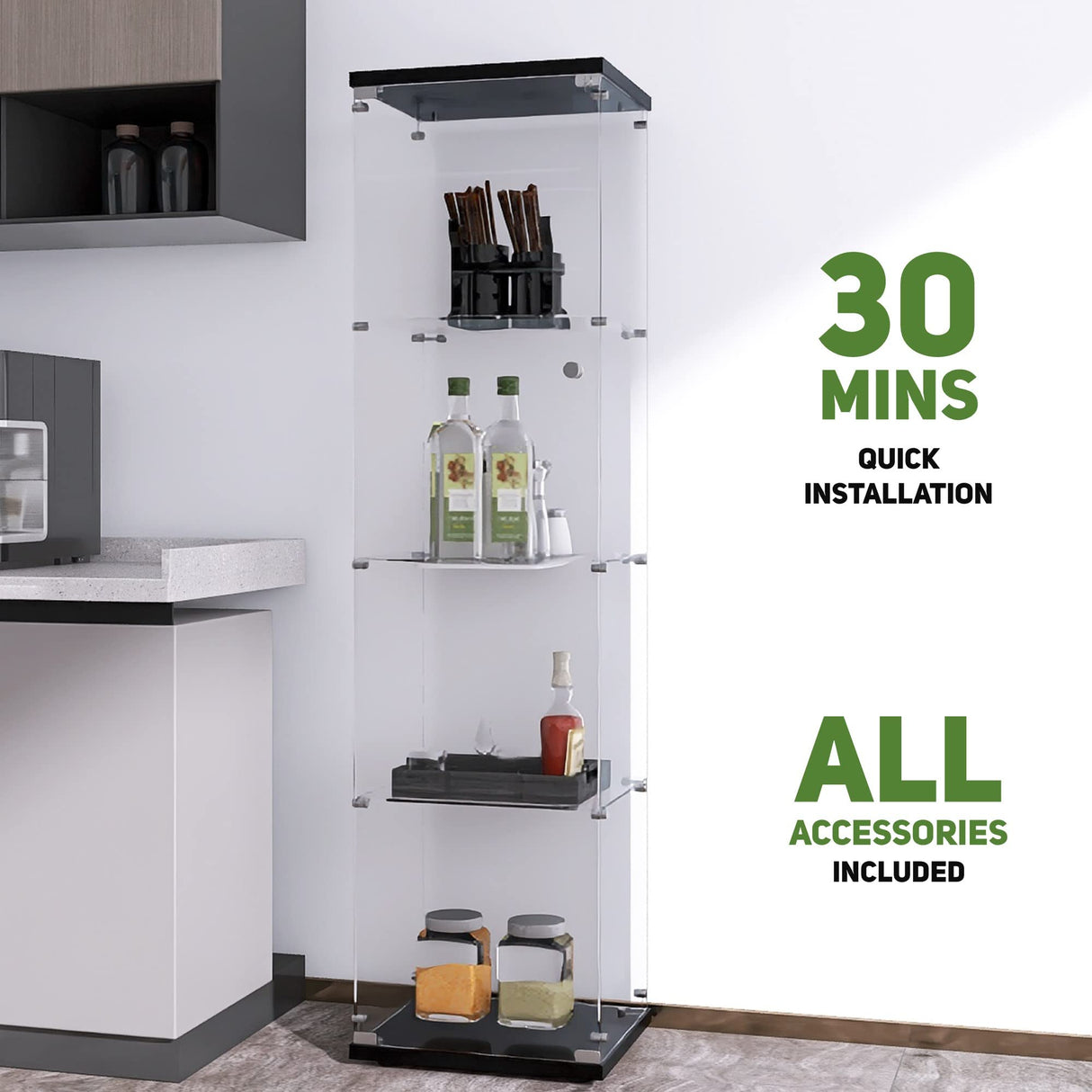 Beauty4U Glass Display Cabinet with 4 Shelves, Curio Cabinets for Living Room, Bedroom, Office, Black Floor Standing Glass Bookshelf, Quick Installation Beauty4U