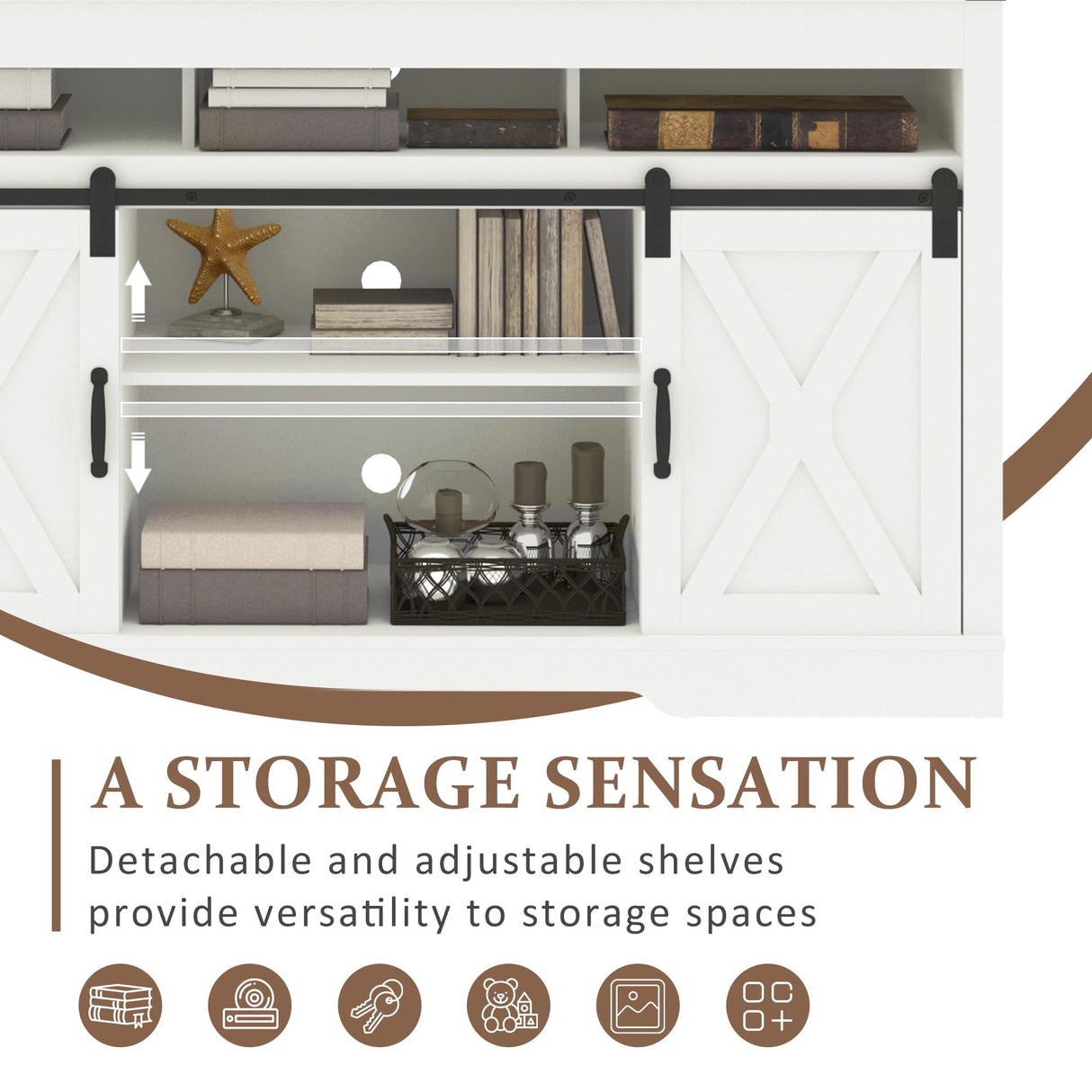 RoyalCraft Farmhouse TV Stand with Sliding Barn Door for TVs up to 65+ Inch, 34" Tall Entertainment Center, Wood Media Console Storage Cabinet for Bedroom, Living Room, White RoyalCraft