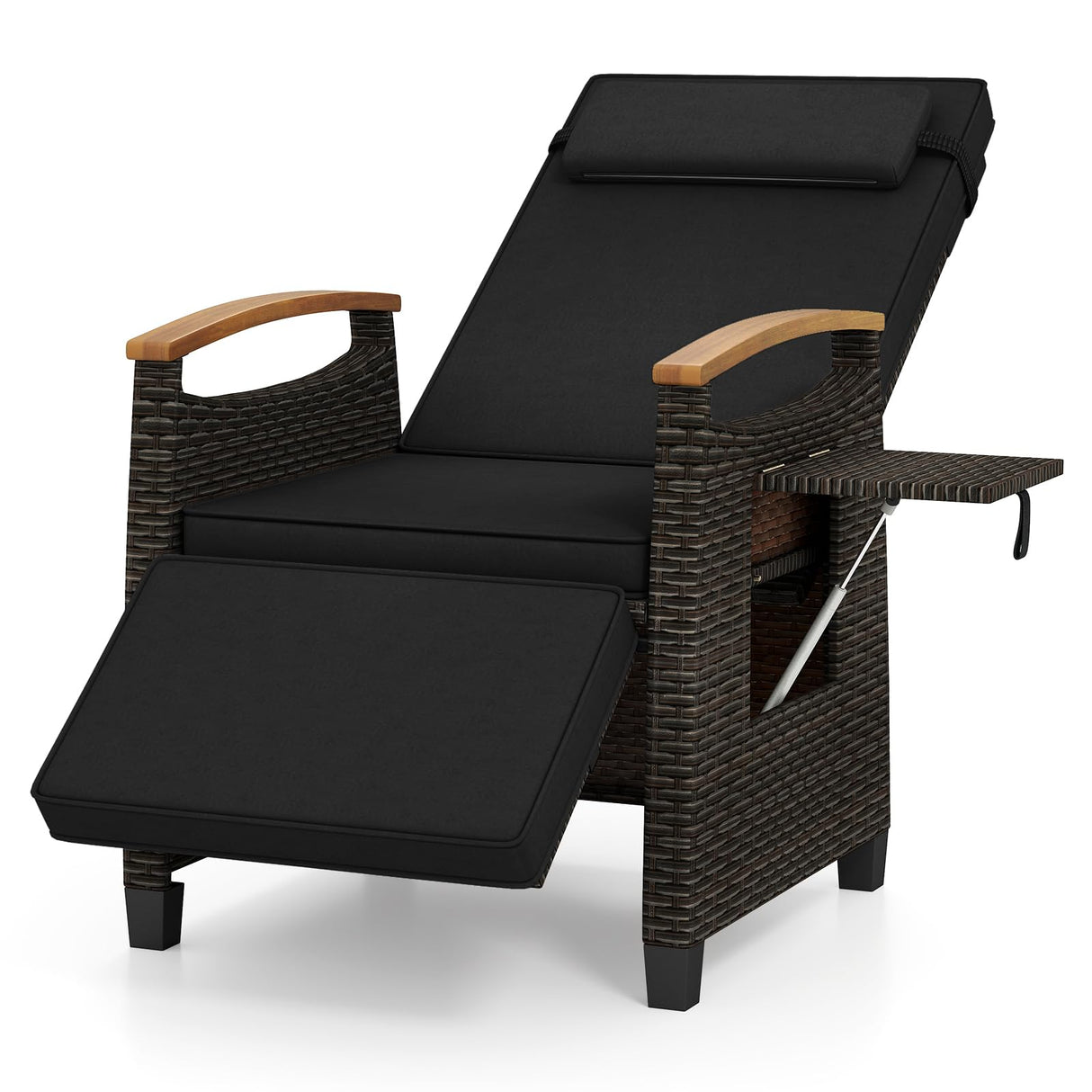 HAPPYGRILL Outdoor Rattan Wicker Chaise Lounge Recliner Chair with Adjustable Backrest & Footrest, Push Back Outside Seat w/Cushion & Flip Table for Backyard, Porch, Balcony (Black,1) HAPPYGRILL