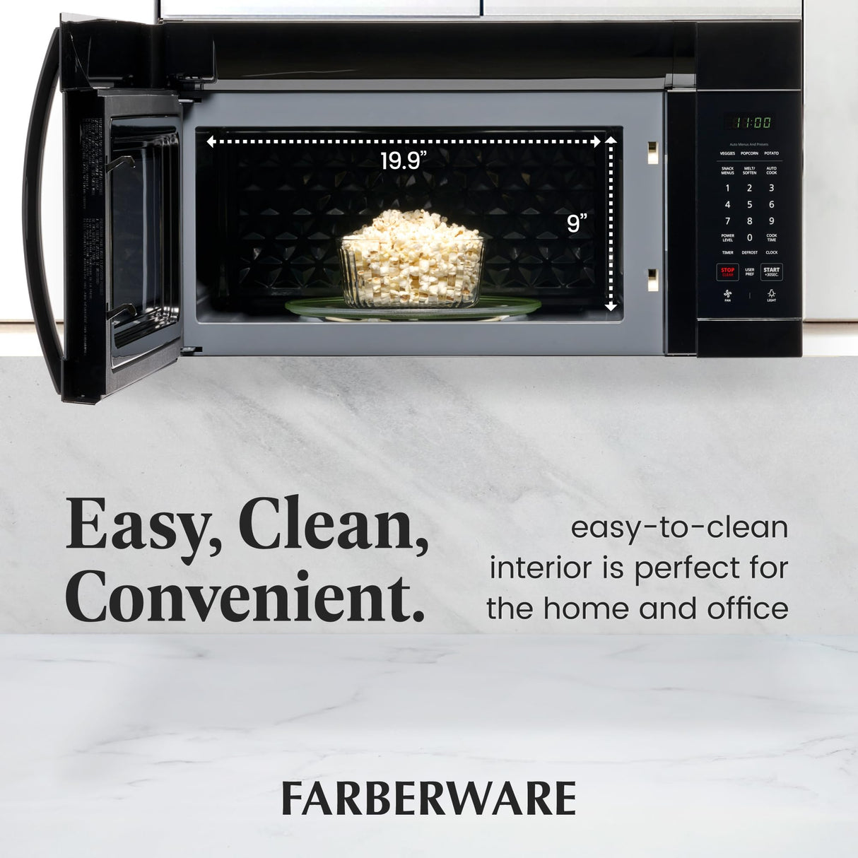 Farberware Over-the-Range Microwave Oven, 1.7 Cu. Ft. - 1000W - Auto Reheat, Multi-Stage Cooking, Melt/Soften Feature, Child Safety Lock, LED Display - Space Efficient & Powerful - Black Farberware