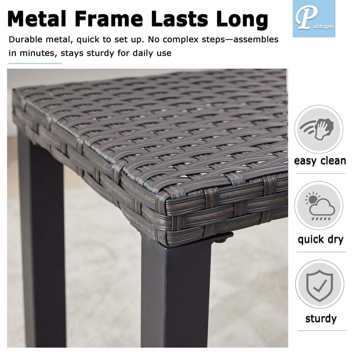 46” Black Rattan Bench with Metal Legs, Wicker Frame Patio Bench for Hallway, All Weather Outdoor Bench for Garden, Backyard, Porch Puntogen