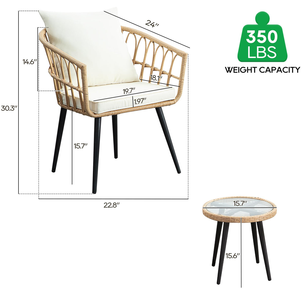 PORWEY 3 Piece Patio Bistro Set, Outdoor Wicker Apartment Balcony Furniture Sets, Rattan Table and Chairs Set of 2 for Porch Backyard Lawn Poolside Deck, Beige PORWEY