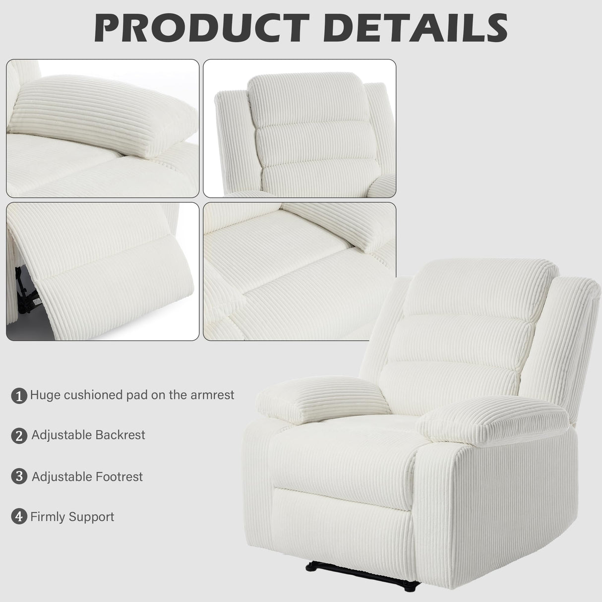 Recliner Chair Corduroy Recliners Sofa with Armrests & Backrest for Living Room, Bedroom, Nursery Push Back Armchair for Adults (Beige, Set of 1) DREAMSIDEA