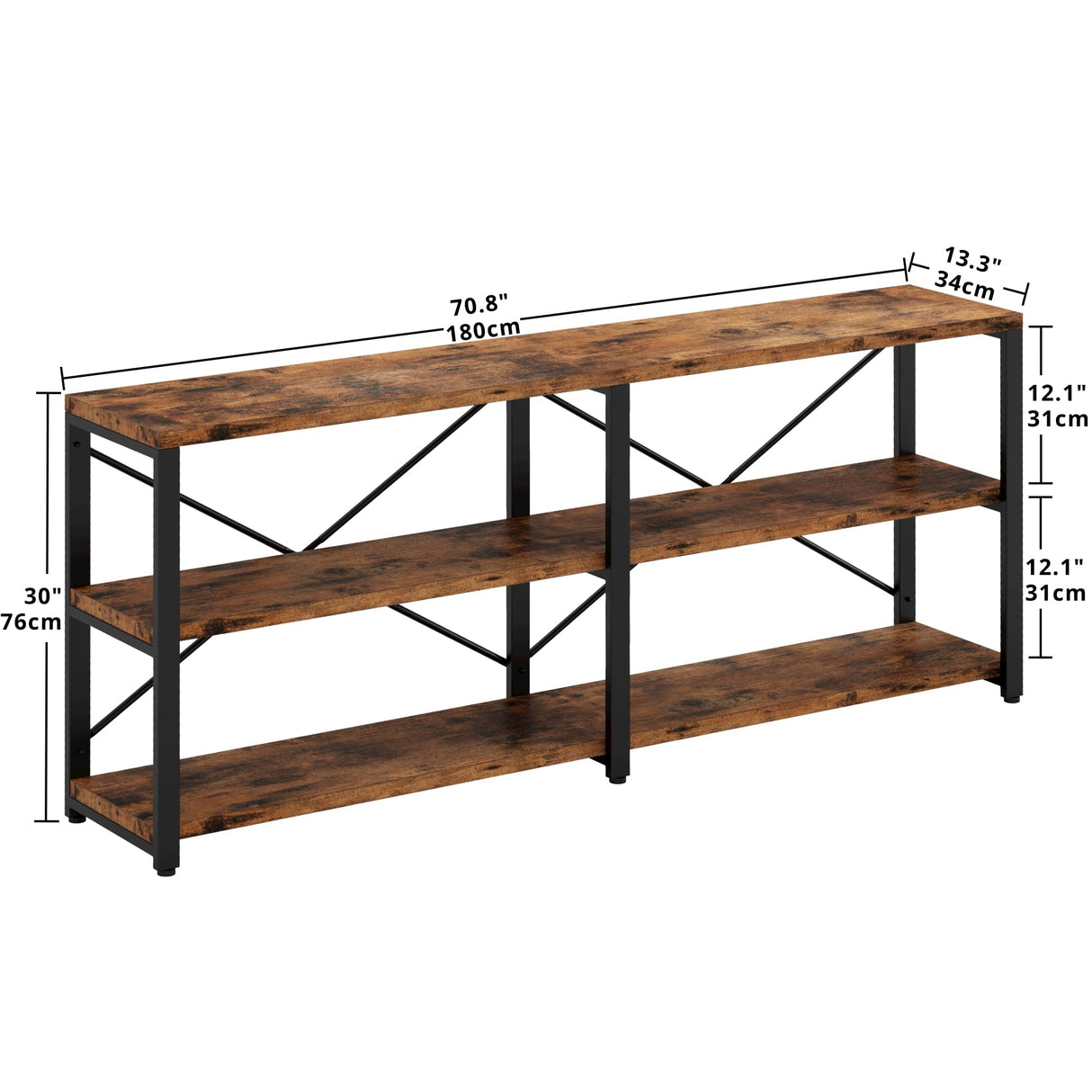 IRONCK Rustic Entryway Console Table, Long Hallway Table 70.8 in 3-Tier, TV Stand Entertainment Center Media Stand for Living Room, Industrial Style, Vintage Brown IRONCK