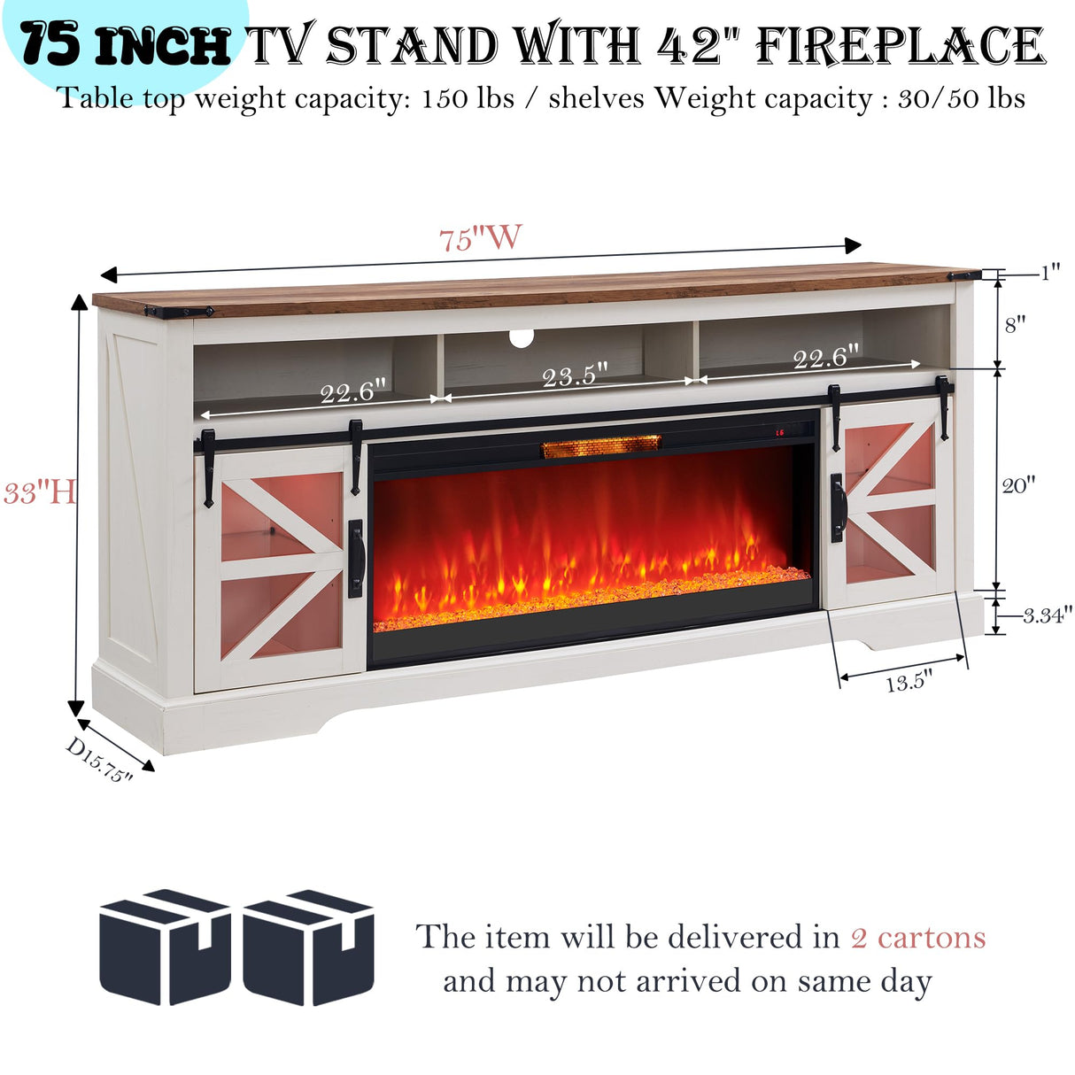 OKD Fireplace TV Stand for 85" TV, 33" Tall Highboy Farmhouse Entertainment Center w/ 42'' Electric Fireplace & LED Light, Rustic Media Console w/Sliding Barn Door for Living Room, Antique White OKD