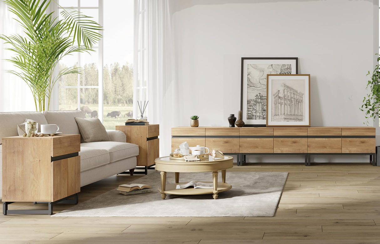 WAMPAT Modern TV Stand for TVs up to 110 inch, 3 in 1 Entertainment Center TV Console with Storage Cabinets and Metal Base,Media Console for Living Room,Oak WAMPAT