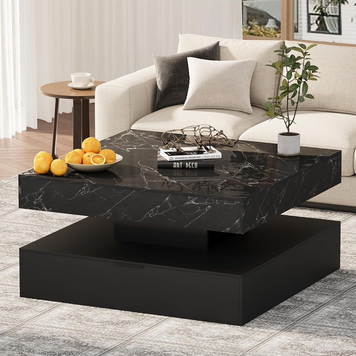 Square Coffee Table with LED Lights – 2-Tier High Gloss Minimalist Design, 30.7-Inch Modern Center Table with Storage and Drawer – Wooden Coffee Table for Living Room, Home, and Office GOFEI