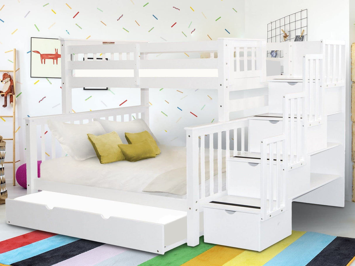 Bedz King Stairway Bunk Beds Twin over Full with 4 Drawers in the Steps and a Full Trundle, White Bedz King