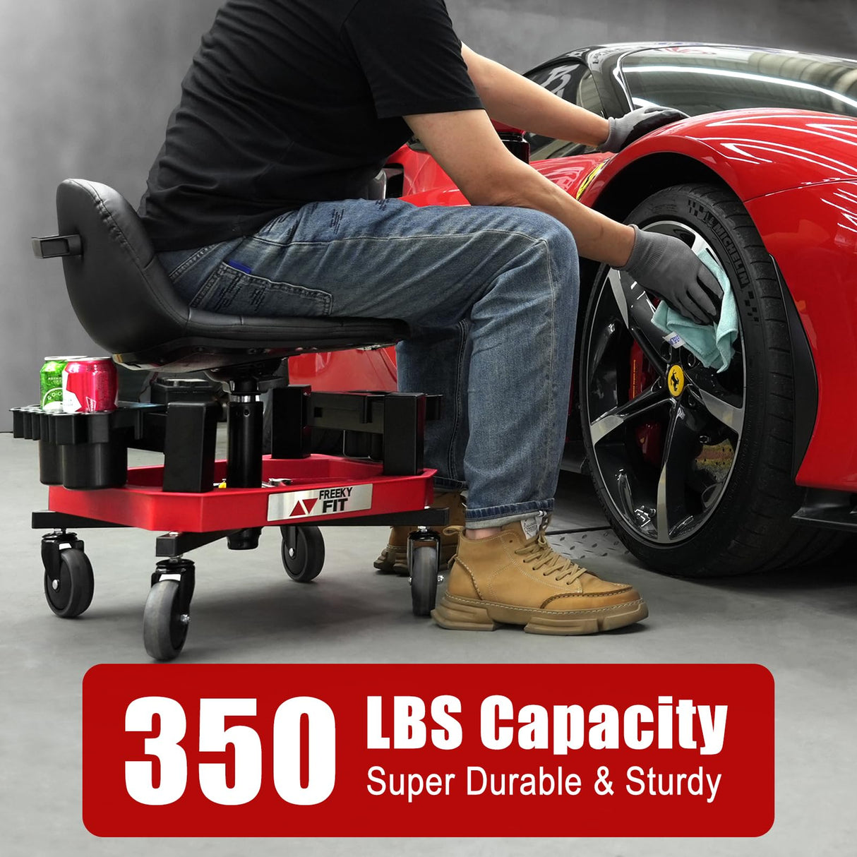 FreekyFit Rolling Shop Stool with Wheels, Adjustable Garage Mechanic Stool Seat Shop Roller Work Chair Mobile Rolling Seat with Tool Tray, 2 Cup Holders, 4" Casters, 350 LBS, Heavy-Duty, Red FreekyFit