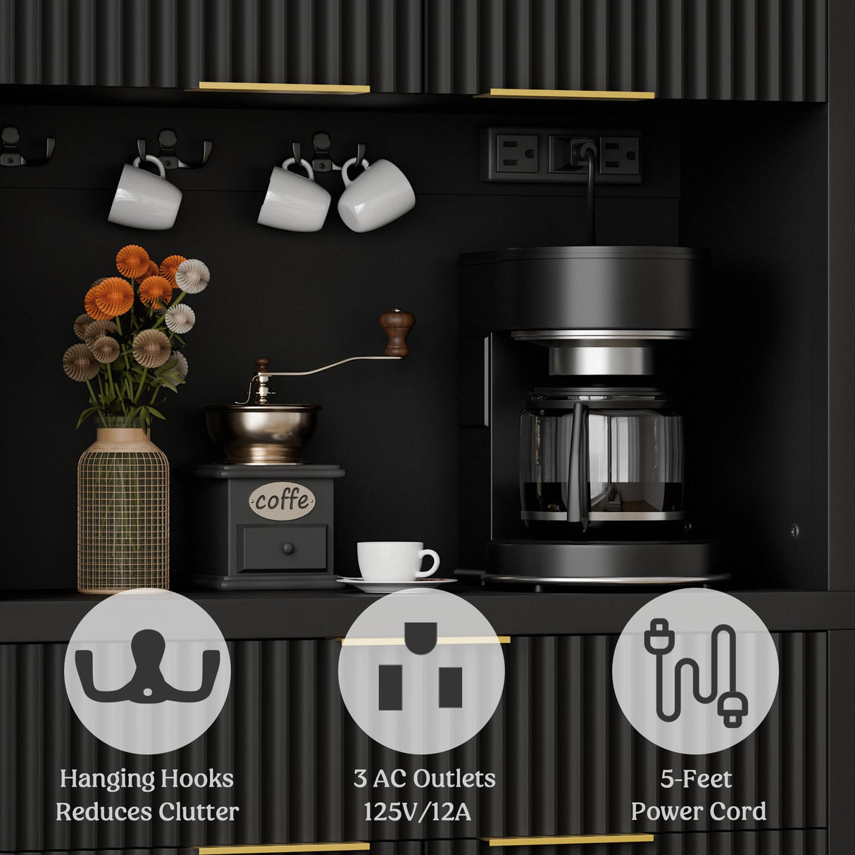 Lulive 71" Fluted Pantry Cabinet with Charging Station & Adjustable Shelves, Spacious Kitchen Storage Cabinet with Open Countertop & Drawer for Dining Room, Living Room, Black Lulive