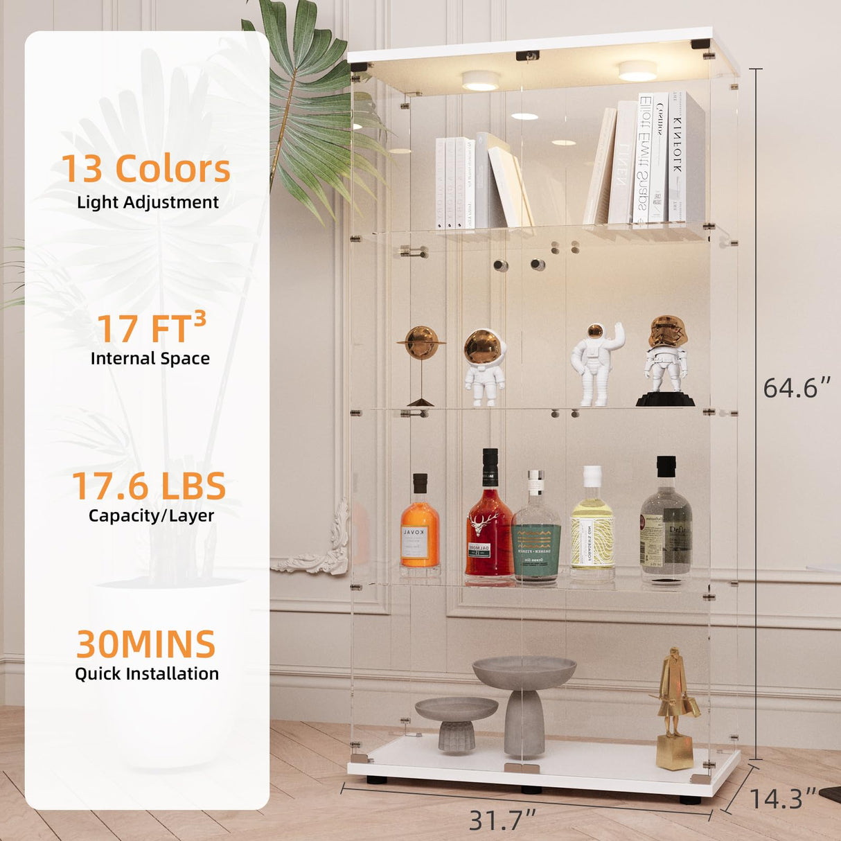 LFT HUIMEI2Y Glass Display Cabinet with LED Lights and Lock, 2 Door Curio Cabinets, Tempered Glass Collection Display Showcase for Bedroom, Living Room 65” White LFT HUIMEI2Y