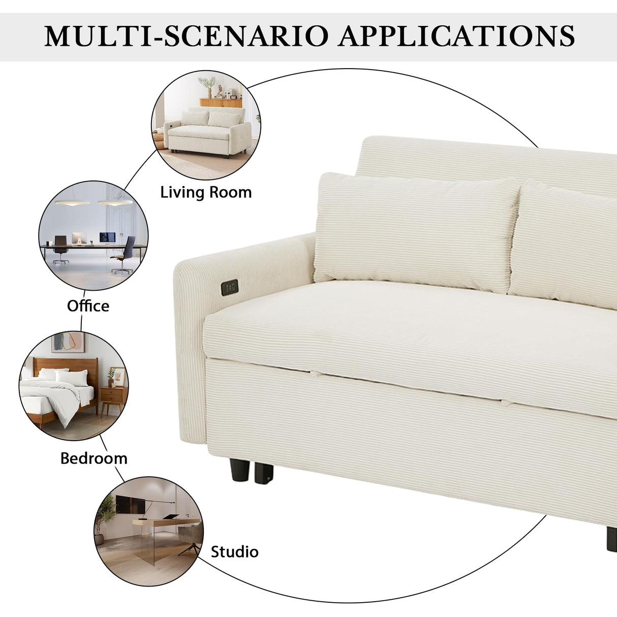 Merax Pull-Out Sofa Bed Convertible Couch 2 Seat Loveseat Sofa Modern Sleeper Sofa with Two Throw Pillows and USB Ports for Living Room, Beige Merax