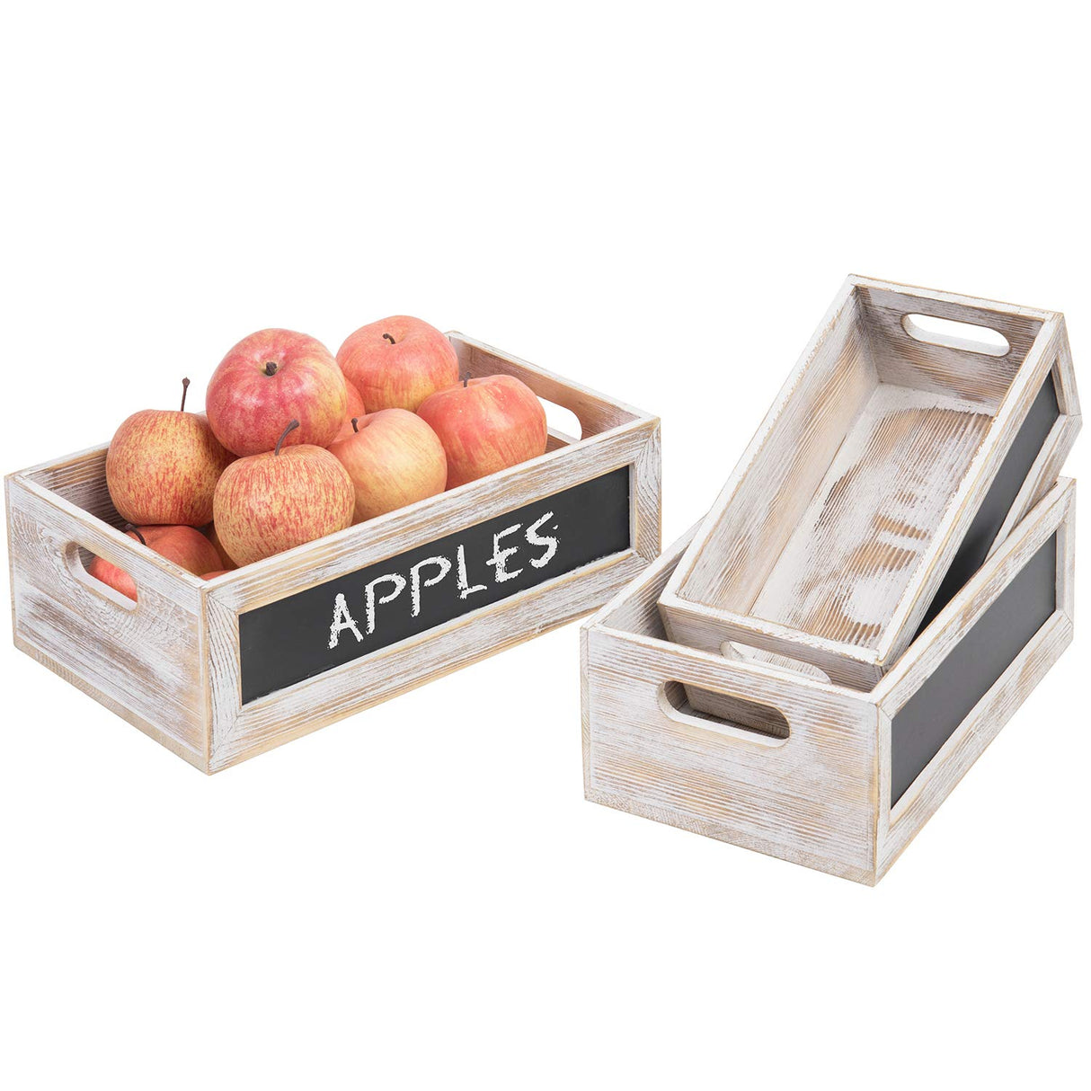 MyGift Nesting Wooden Crates, Whitewashed Wood Decorative Storage Organizer Bin with Chalkboard Front Panel, Multipurpose Box for Bathroom Kitchen Laundry Fruits & Vegetables Storage Crate, 3 Pc Set MyGift