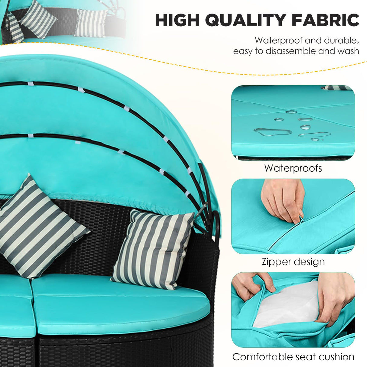 PayLessHere Outdoor Round Daybed Wicker Patio Furniture Outdoor Furniture with Retractable Canopy Rattan Separated Seating Sectional Sofa Washable Cushioned and Three Pillow for Patio Backyard (Blue) PayLessHere