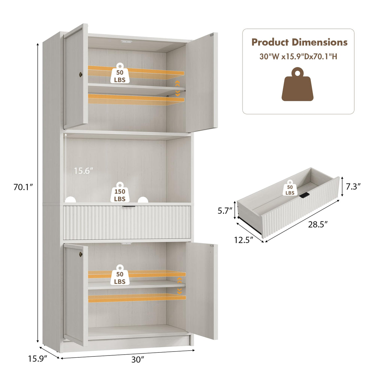 GarveeHome Kitchen Pantry Cabinet, 70" Tall Pantry Storage Cabinet with Countertop, Fluted Tall Cabinets with Doors and Drawer, Freestanding Cupboard for Dining Room, Living Room, Antique White GarveeHome