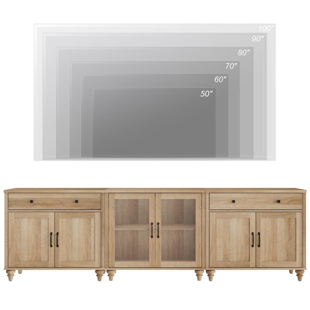 WAMPAT Farmhouse TV Stand for 100 Inch TV, 3-in-1 TV Console Table for 75/80/85/90 Inch TV, Entertainment Center with Glass & Wood Door, Kitchen Sideboard Buffet Cabinet for Dining Room, Oak WAMPAT
