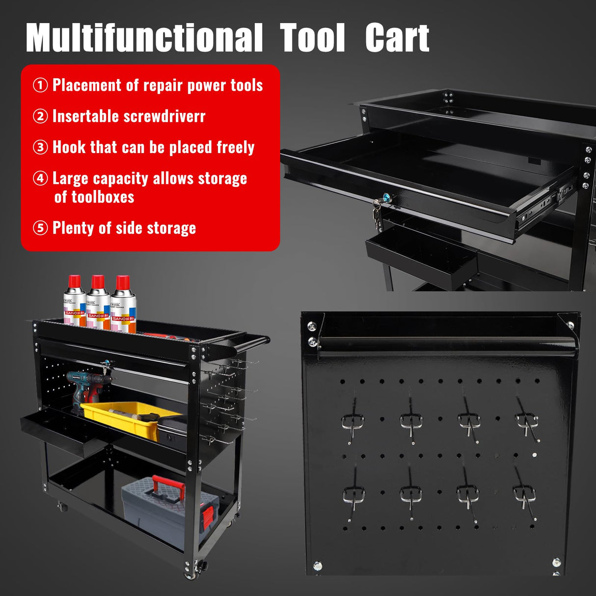 BHB 3 Tier Rolling Tool Cart Box On Wheels with Lockable Drawer, Heavy Duty Capability Tool Cart for Mechanics, Large Storage Organizer Utility Cart, for Garage Warehouse Repair Shop, 350 Lbs Load BHB