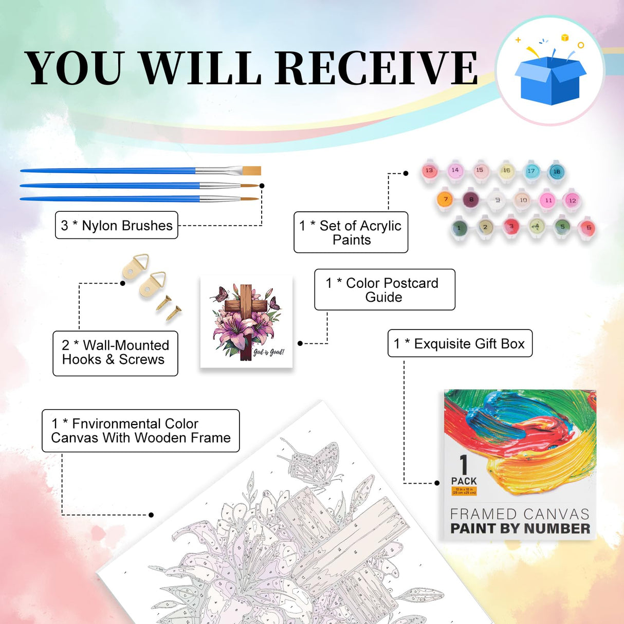 Framed Paint by Numbers Kit for Adults Beginner & Kids Ages 10-13, Jesus Cross Easy Paint by Numbers with Frame, Christian Religious Acrylic Adult Painting by Number Kits on Canvas Framed 10 x 10 Inch Camocin