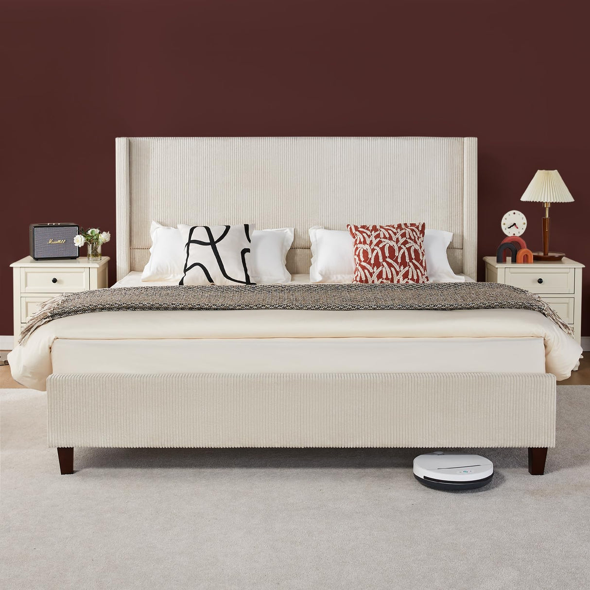 VanAcc King Size Modern Beige Upholstered Platform Bed Frame with Wingback and Tufted Headboard VanAcc