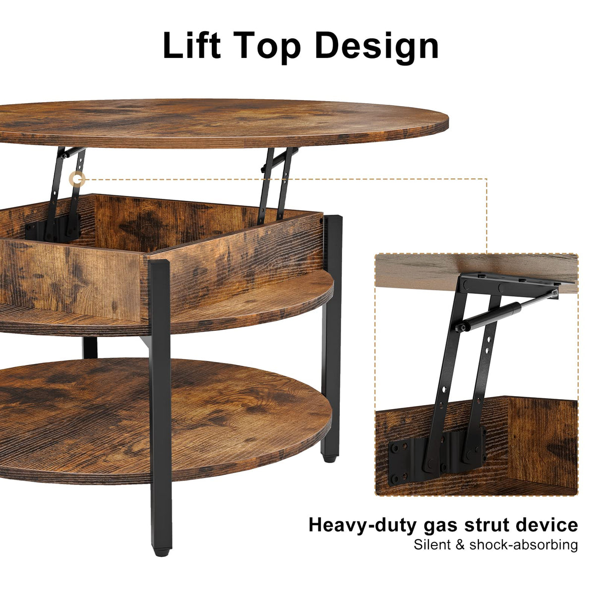 FABATO Round Lift Top Coffee Table for Living Room, 35.43'' Round Coffee Table with Storage and Hidden Compartment, 2 Tier Large Farmhouse Coffee Table Round Dining Table, Rustic Brown FABATO