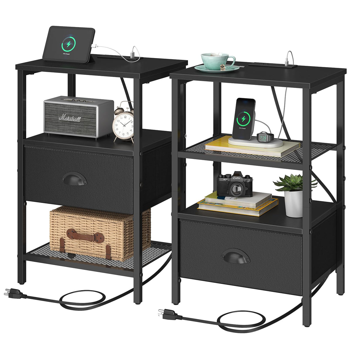 sthmec Nightstands Set of 2, Black Night Stands with Charging Station, Bedside Tables with Fabric Drawers PU Finish, 2-Tier Side Table with Open Shelf, Nightstands with Drawer,Black sthmec