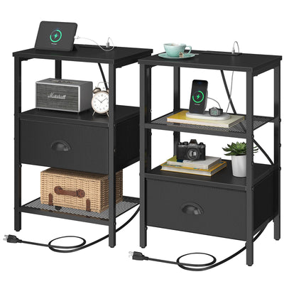 sthmec Nightstands Set of 2, Black Night Stands with Charging Station, Bedside Tables with Fabric Drawers PU Finish, 2-Tier Side Table with Open Shelf, Nightstands with Drawer,Black