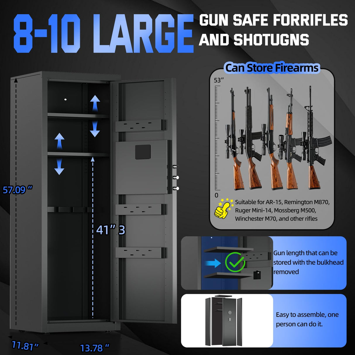 Lnoauys 8-10 Gun Safe for Rifles and Pistols, Gun Cabinets for Rifles and Shotguns, Long Gun Safe for Home Rifle and Pistols with Dual Alarm & Mute Mode, Gun Cabinet with Quick Access and Gun Rack Lnoauys