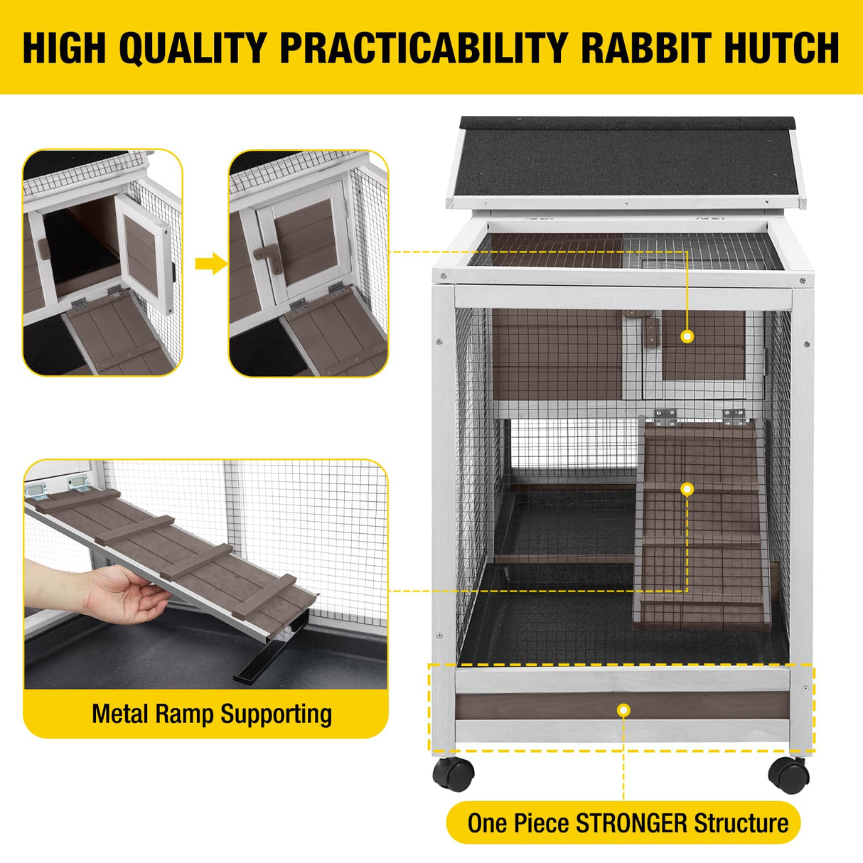 Aivituvin Rabbit Hutch 62" Rabbit Cage Indoor Outdoor Chicken Coop Guinea Pig Cage on Wheels Bunny Cage with 3 Deep No Leakage Pull Out Tray,Waterproof Roof (Brown) Aivituvin