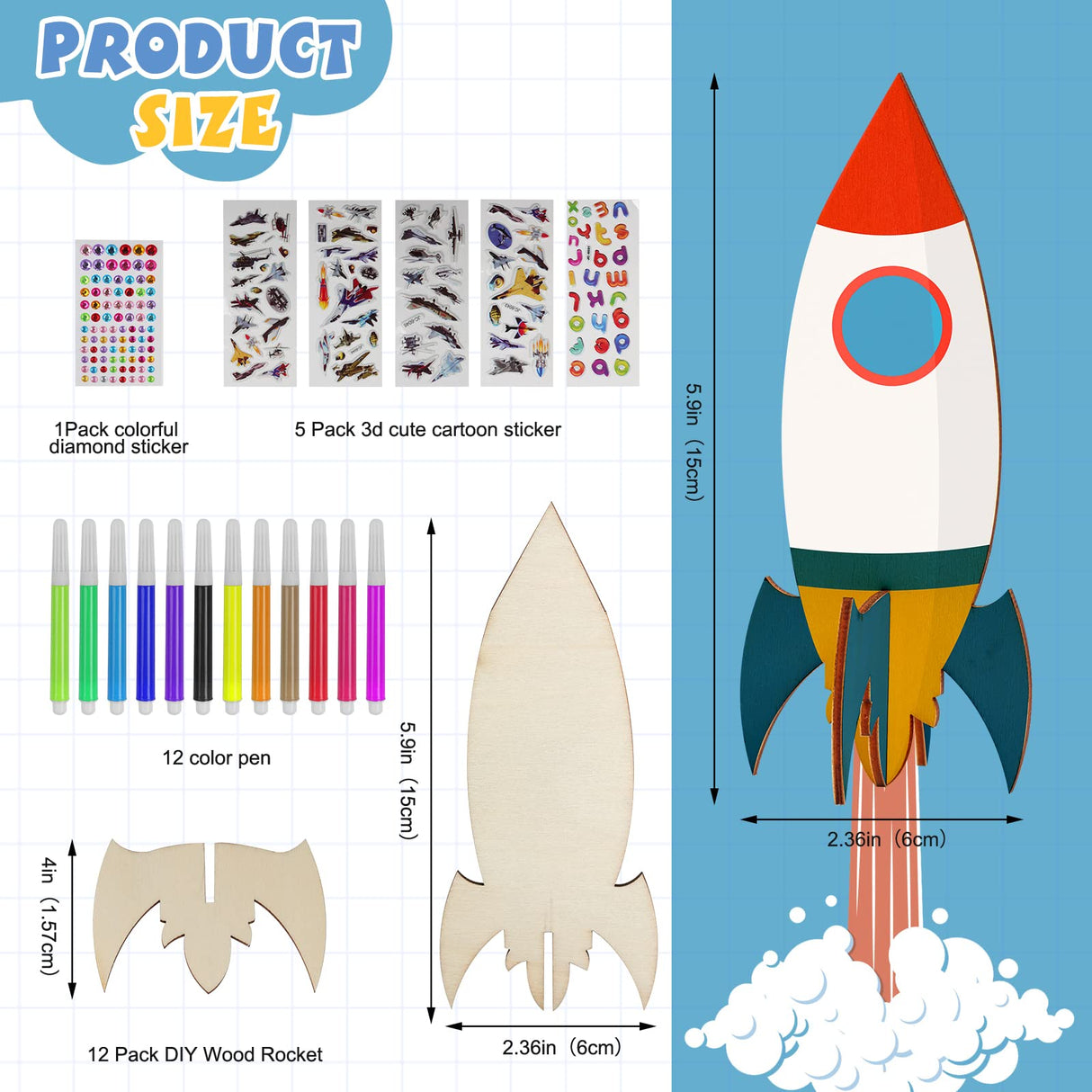 BAPHILE 12 Pack DIY Wood Rocket, Mini and Decorate Wooden Craft Kits With Tools for Kids School Home Party Decor Projects BAPHILE