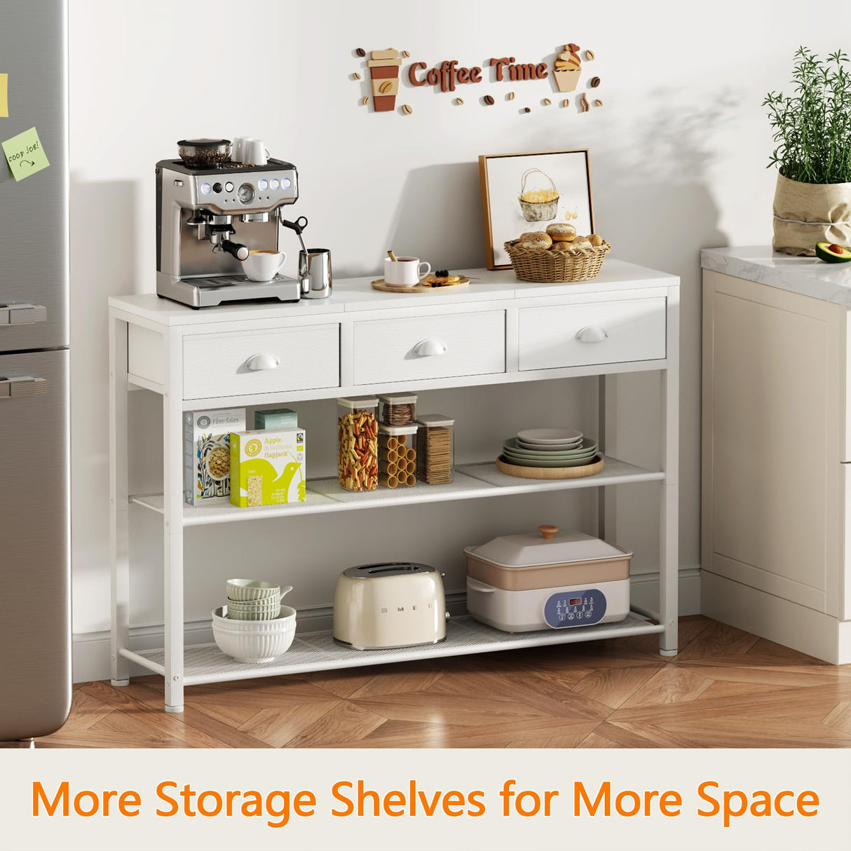 Furologee White Entryway Table, 38'' Console Sofa Table with 3 Fabric Drawers, Industrial Entry Way Table with Storage Shelves, Display Shelf for Living Room, Hallway, Entrance, Foyer Furologee