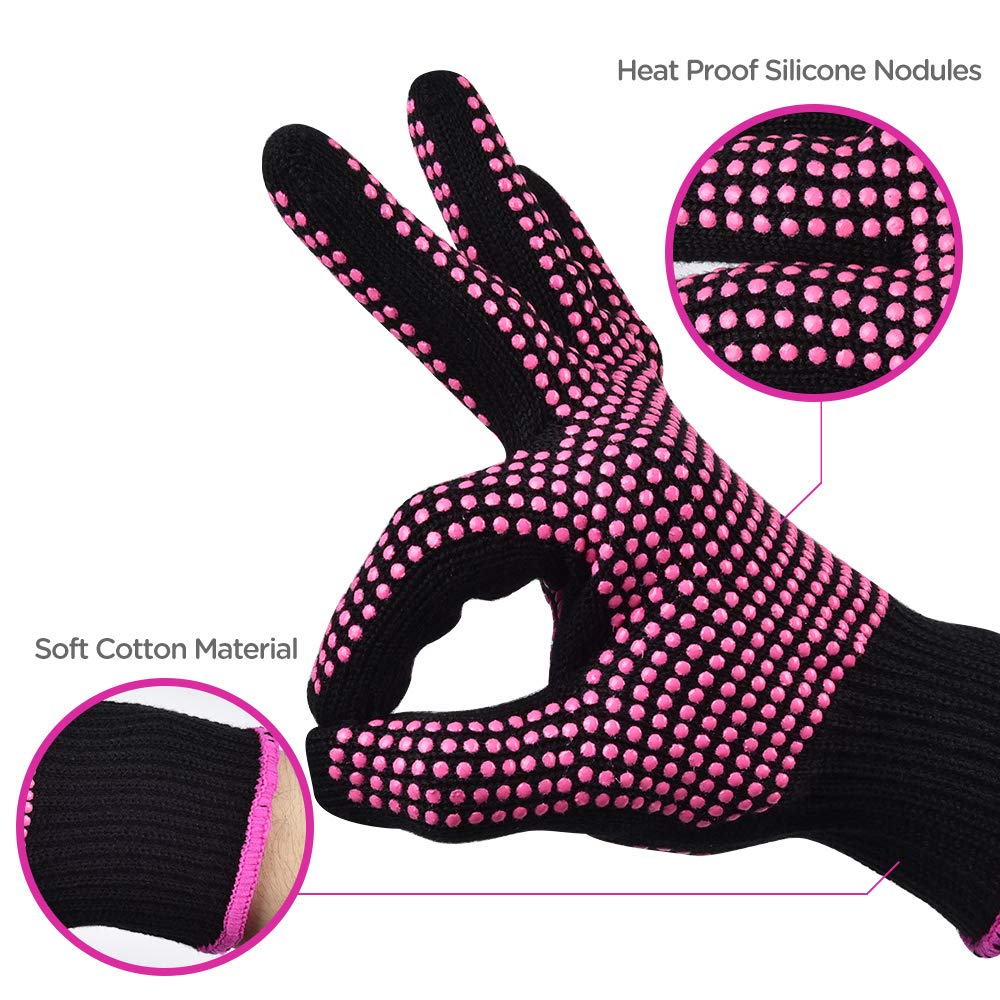 Sopito 2Pcs Heat Resistant Gloves with Silicone Bumps, Professional Heat Gloves for Hair Styling, Heat Proof Glove Mitts Heat Protection Gloves for Curling Iron Wand Flat Iron Sublimation, Rose Red Sopito