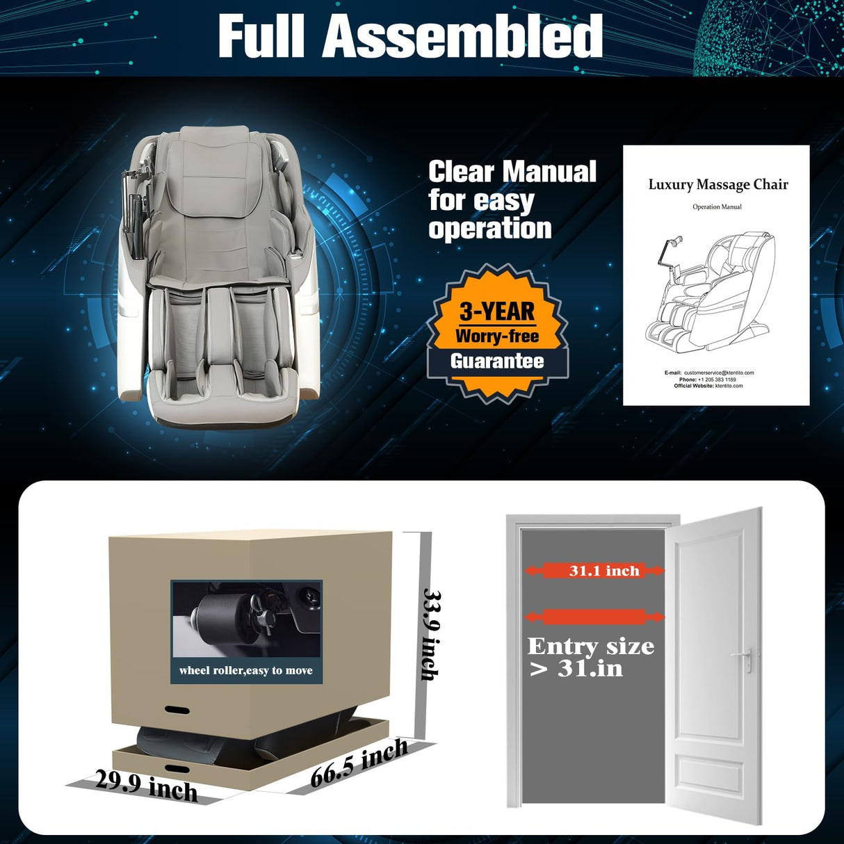 KTENTITO 2025 Massage Chair Full Body, 4D Zero Gravity Massage Chairs SL Track Shiatsu Massage Recliner Chair with Secure-Fit Arm Airbag, Waist & Calf Heating Voice Control Bluetooth Joystick G2 White KTENTITO