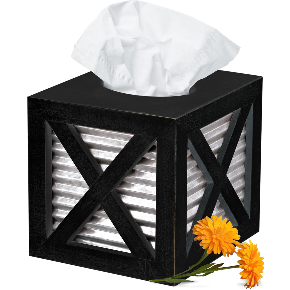 Autumn Alley Barn Door Square Farmhouse Tissue Box Cover in Black and Galvanized – Farmhouse Bathroom Accessories – Rustic Bathroom Décor Tissue Holder | Wood Galvanized Tissue Box Cover Autumn Alley