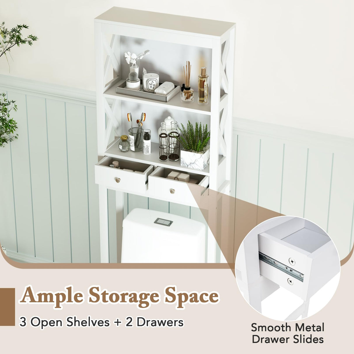 Giantex Over The Toilet Storage Cabinet, 65" Tall Freestanding Bathroom Organizer with Open Shelves, Storage Drawers & Adjustable Bottom Bar, Space Saver Above Toilet Rack for Bathroom, White Giantex