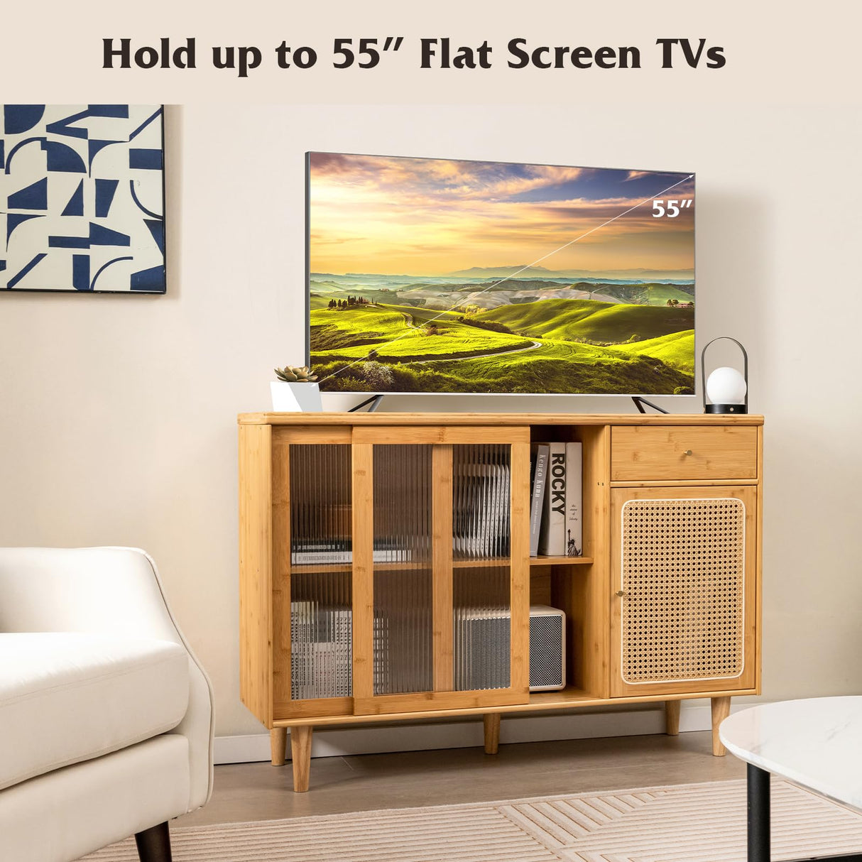 Moccha Buffet Cabinet with Storage, Bamboo Storage Cabinet with Rattan Glass Door Cabinet & Drawer, Farmhouse Kitchen Buffet Sideboard, Boho Console Table Credenza for Living Room Dining Room LDAILY