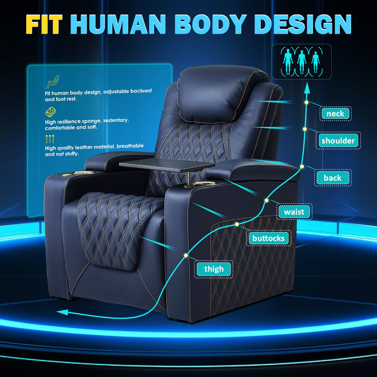 Weilianda Chic Top Grain Leather Home Theater Seating Power Headrest Recling Movie Gaming Recliner Sofa with 7 Colors Ambient Lighting, Golden Cup Holder Carbon Fiber Tray Table Loveseat Blue Weilianda