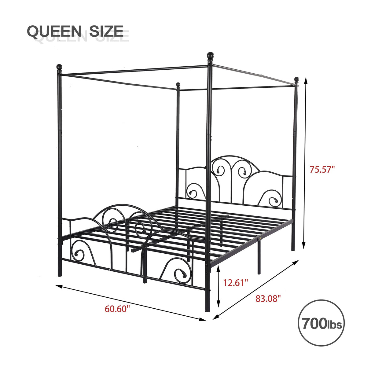 AUFANK Queen Size Four-Poster Metal Canopy Bed Frame with Headboard and Footboard Sturdy Slatted Structure No Box Spring Needed Black AUFANK